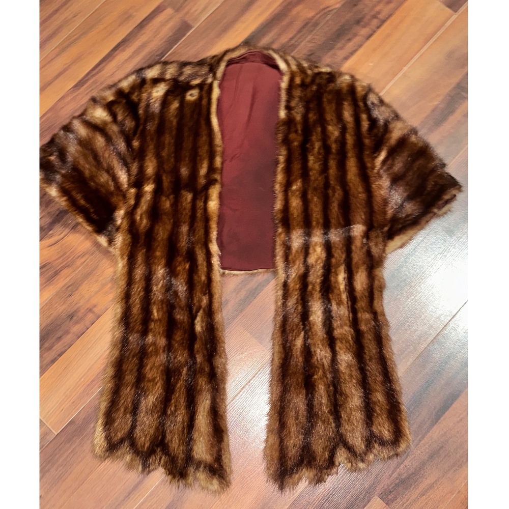 Vintage Real Fur‎ Stole Wrap Mahogany Brown Satin Lined Monogram LBB Glamour